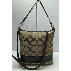 Coach Signature Brown Canvas Leather Trim Zipper Crossbody Shoulder Bag